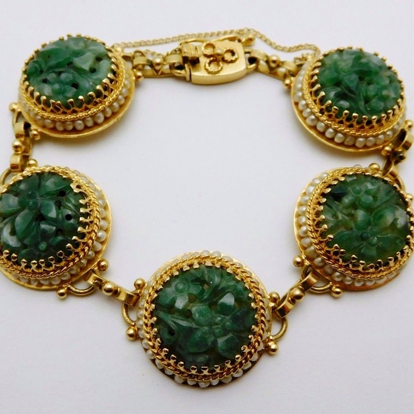 Rare CHINESE Solid 14k Yellow Gold / Carved Jade / Pearls Ladies Bracelet - Picture 1 of 6